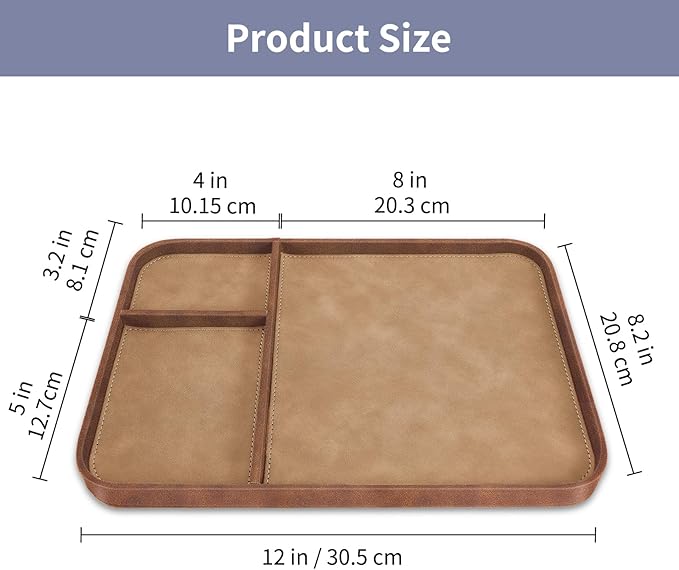 SITHON Valet Tray Trendy Organizer, Premium PU Leather Stylish and Organized Multifunctional Catchall Bedside Vanity Tray Nightstand Caddy Holder for Keys, Watch, Wallet, Jewelry and more (Brown)