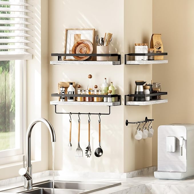 AMADA HOMEFURNISHING Bathroom Shelves with Towel Bar, Floating Shelves, Wall Shelves for Bathroom/Living Room/Kitchen/Bedroom, White, Set of 2 - AMFS01W