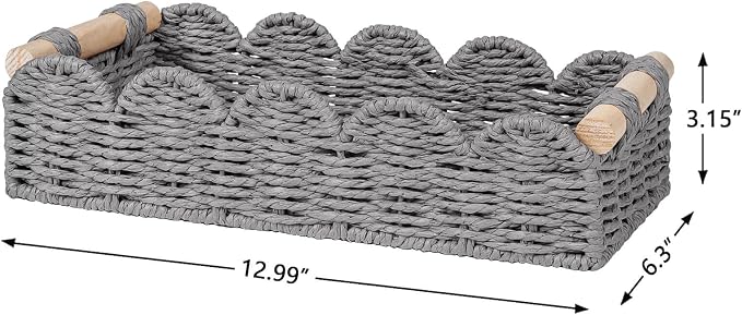 CubesLand Toilet Paper Storage Basket Organizer, Small Wicker Toilet Tank Top Decorative Baskets for Countertop, Handwoven Scalloped Basket w/handle for Home Decor, Living Room, Bedroom, Grey