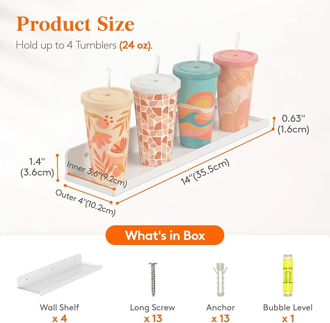 Lifewit Floating Shelves for Bathroom, Acrylic Display Shelf Wall Mounted for Makeup, Skincare, Nail Polish, Book, 14" Perfume Organizer for Bedroom, Living Room, Nursery, Home Decor, White, 4 Pack