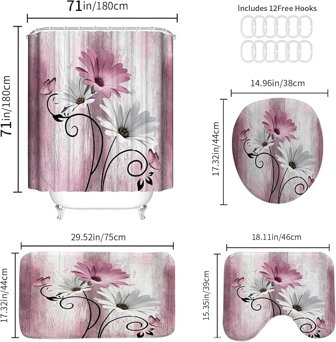 Onalasyc 4PCS Pink Daisy Flowers Butterfly Shower Curtain Set with Shower Curtain and Carpet and Accessories, Waterproof Bathroom Shower Curtain Decorative Set with 12 pcs Hooks,71 x 71in