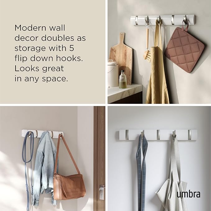 Umbra Flip Wall-Mounted Coat Rack with 5 Hooks – Modern, Space-Saving Storage for Hats, Jackets, Bags, Entryway, Mudroom, Closet, Bathroom, Bedroom – White/Nickel