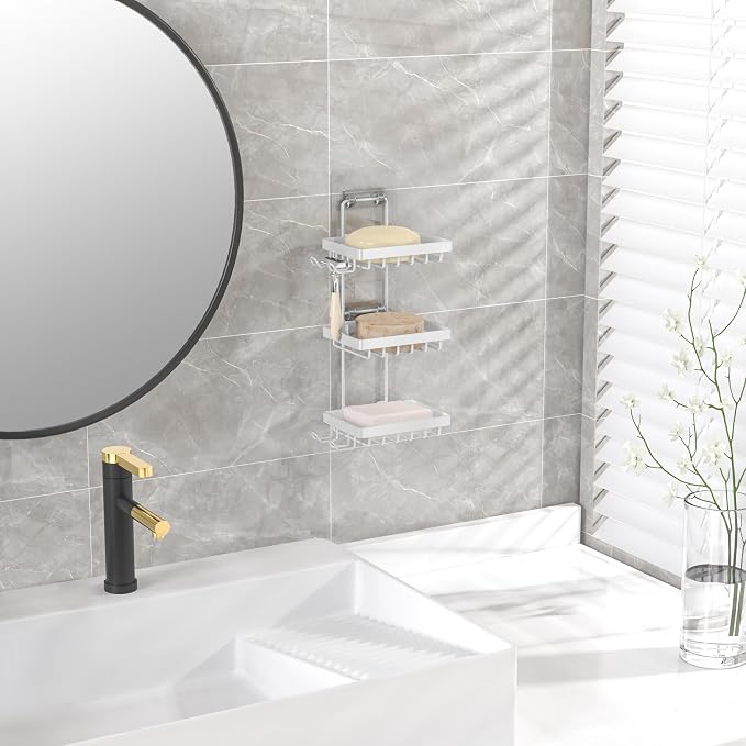 Moforoco 3-Tier White Soap Bar Holder for Shower, No Drilling, 304 Stainless Steel, Wall Mounted Soap Holder with 4 Hooks and Razor Holder, Shower Rack Soap Tray Bar Soap for Bathroom Accessories