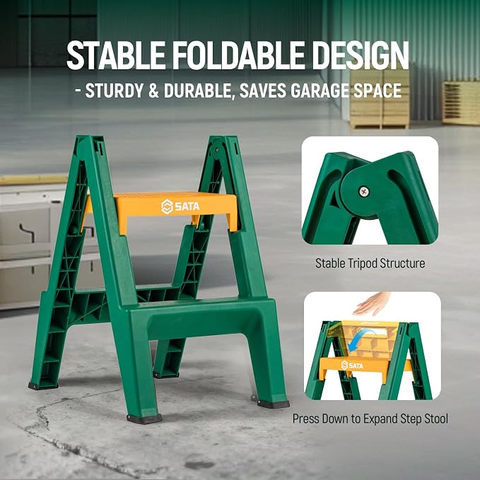 SATA 2 Step Ladder, 440 lbs Heavy Duty Plastic Step Stool, Wide Anti-Slip Pedals with Cushioned Mat, Outdoor Step Stool Foldable for Home, Garage