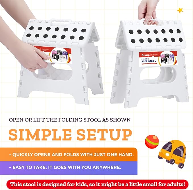 ACSTEP 7.5 Inch Folding Step Stool Foldable Stool Height Kids Step Stool, 176 lb Capacity Plastic Collapsible Stool, White Small Stepping Stools, Foot Stools Suitable for Kitchen