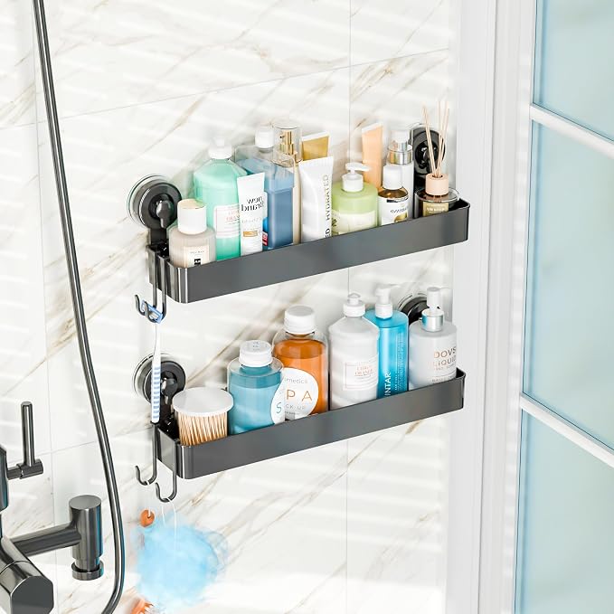 Black 2 Pack Acrylic Shower Caddy Suction Cup,No Rust Bathroom Organizers and Storage Holder,Plastic Wall Mounted Shower Shelves,Bathtub Storage Organizer,Shampoo and Conditioner Holder for Washroom
