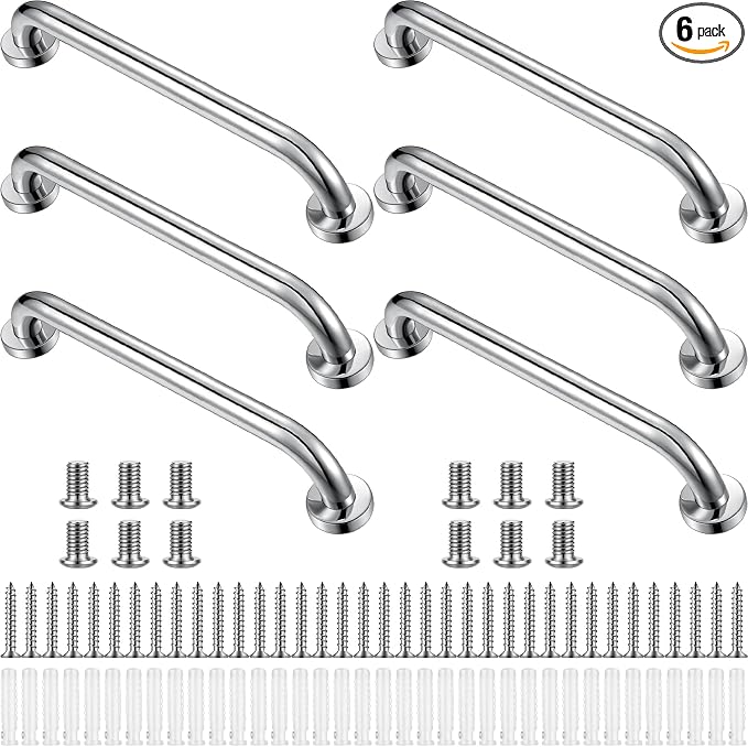 Therwen 18 Inch 6 Pack Shower Grab Bars Stainless Steel Bathroom Handicap Heavy Duty Handle Anti Slip Bathtub Handle Support Balance Hand Rail for Bathroom Wall Elderly Pregnant Seniors (Silver)