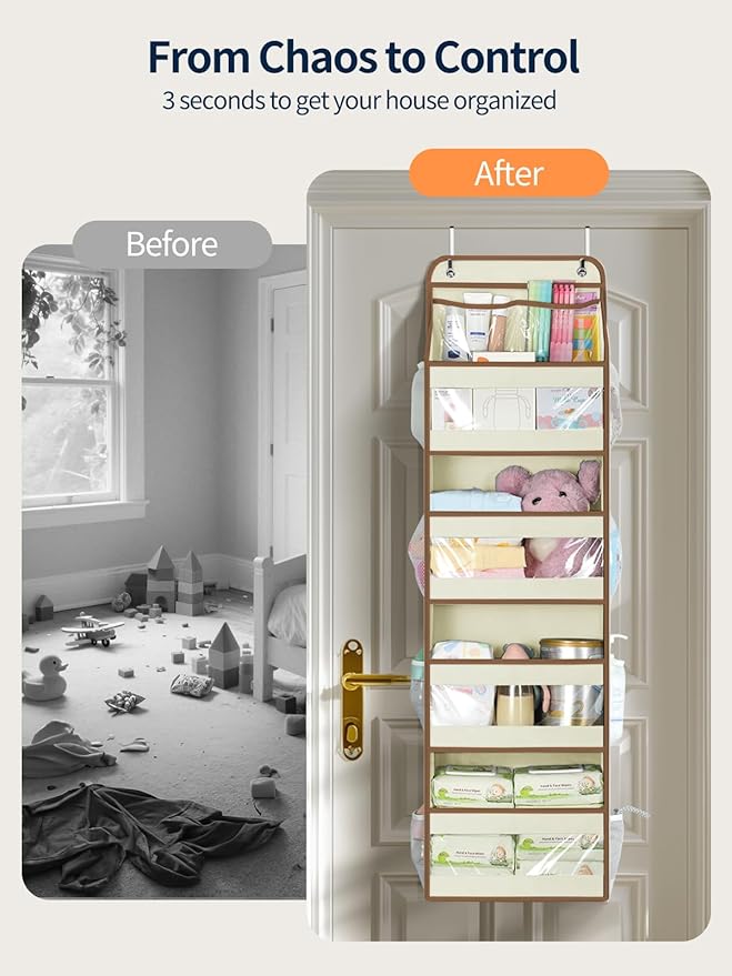 Yecaye 5 Tier 1Pc Over the Door Organizer, Swing-proof Door Organizer Hanging with Clear PVC Windows, Behind the Door Storage for Bedroom Nursery Closet Laundry Pantry Bathroom, Beige