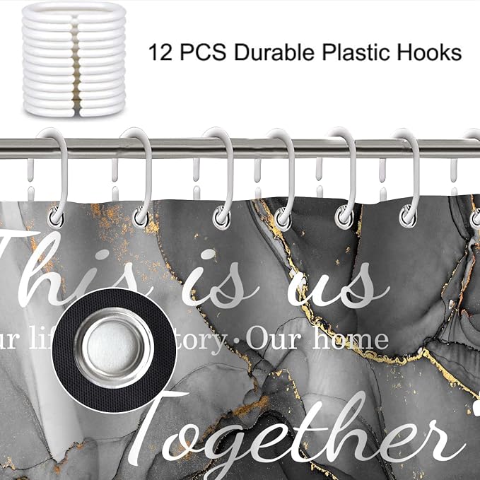 4Pcs Family Marble Shower Curtain Set,Dark Grey Home Inspirational Bathroom Sets with Shower Curtain and Rugs, Bathroom Decor Set,Waterproof Bathroom Curtains Shower Set,with 12 Pcs Hooks