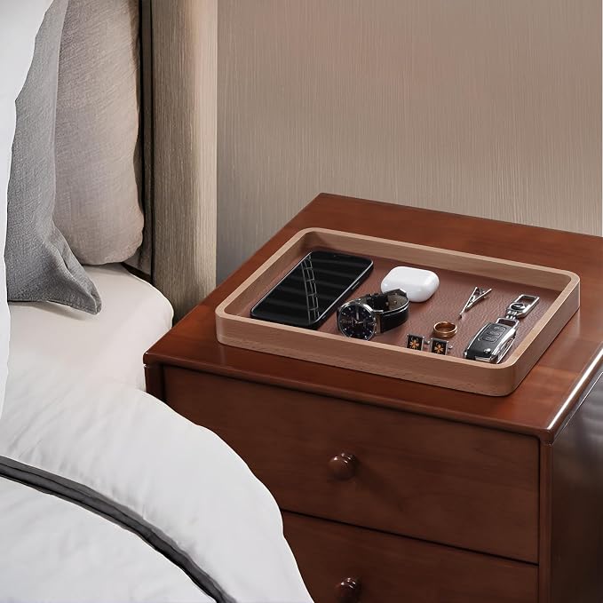 ProCase Wooden Valet Tray for Men, Wood Catch-All EDC Organizer, Fathers Day Gift, Nightstand Entryway Bedside Dump Holder for Wallets, Keys, Watches, Phones, Loose Change, Trinkets -LightBrown