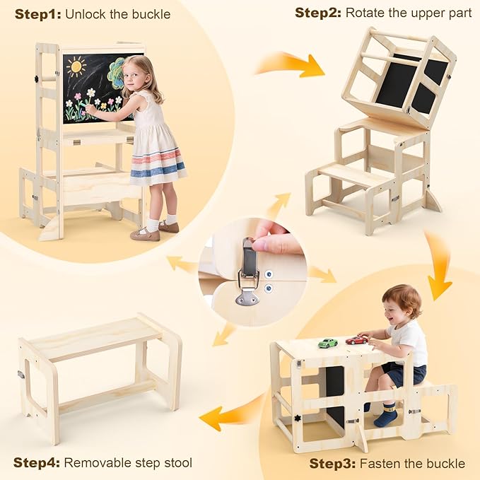 Toddler Kitchen Step Stool, 4-in-1 Foldable Standing Tower with Blackboard, Toddler Step Stool for Bathroom Sink, Kitchen Counter, Ages 18 Months+, 1-3 Year Old Boy Girl Gifts
