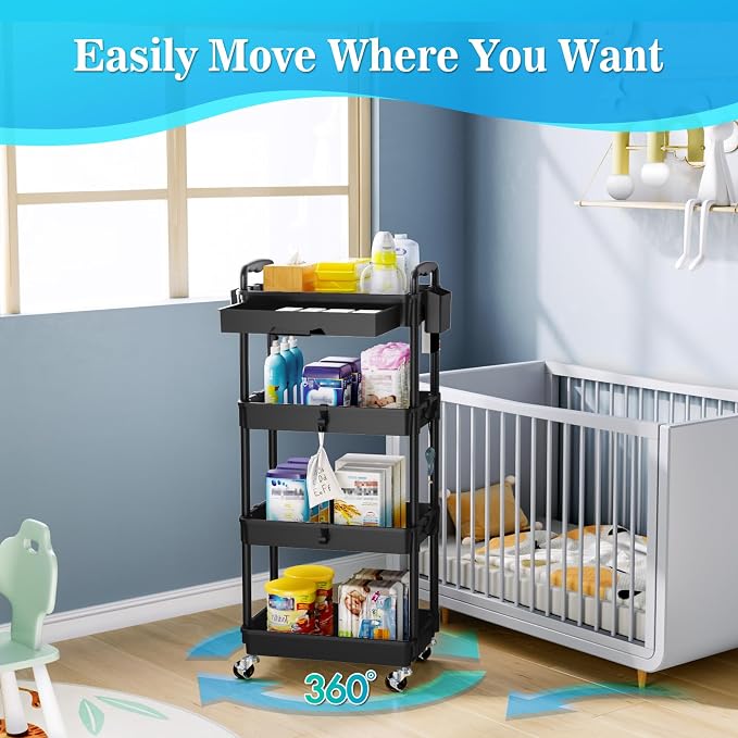 SUNALLY 4 Tier Rolling Utility Cart with Drawer, Storage Organizer Cart with 2 Lockable Wheels, Multifunctional Rolling Storage Cart for Bathroom, Kitchen, Craft, Makeup, Baby Essentials, Black