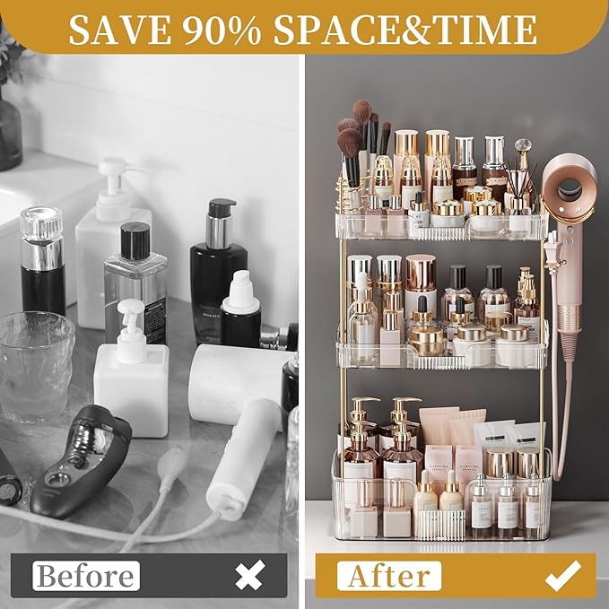 Bathroom Counter Organizer for Vanity, Makeup Organizer Countertop with Holder, Large Capacity Storage Rack, Perfect Large Skincare, Hair Care, Perfume, Easy to Install (Clear, 3Tiers)