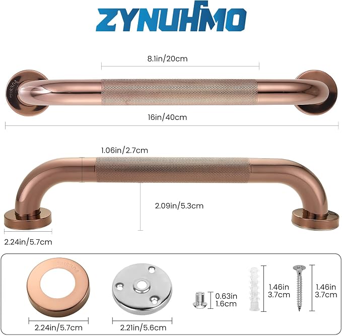 Grab Bars for Shower, Zynuhmo 2 Pack 16 Inch Anti Slip Stainless Steel Bathroom Safety Shower Grab Bar Handrails for Handicap Injury Pregnant Senior Assist Shower Handles(Rose Gold, 1.25" Diameter)