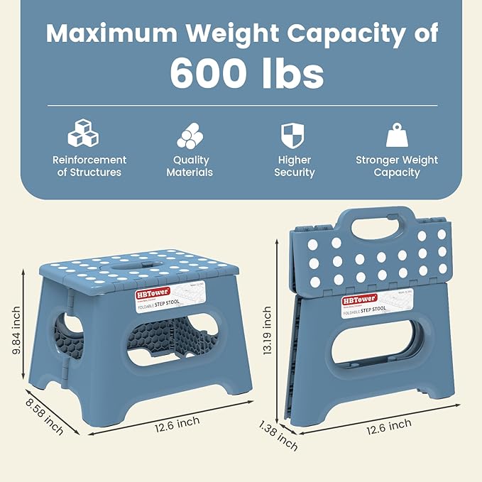 HBTower Folding Step Stool 9 Inch - Holds 600 lb, Non-Slip Surface & Carry Handle - Sturdy Step Stool for Kids, Toddlers & Adults - Compact Foldable Foot Stool for Kitchen, Bathroom, Bedroom(Blue)