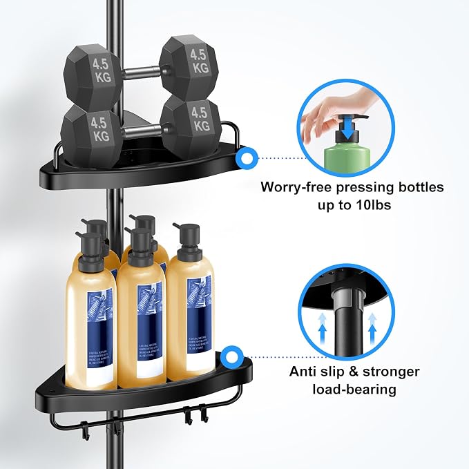 HAMITOR Corner Shower Caddy Tension Pole: Adjustable Stainless Steel Shower Organizer 4 Tier Shelf for Bathroom Bathtub Shampoo - Floor Standing Rack Bath Storage Holder with Rust Proof Rods - Black