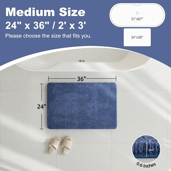 TYUU Bathroom Rugs Non Slip Washable, Ultra Soft Super Absorbent Quick Dry Small Bath Mat with Rubber Backing for Bathroom Floor, Shower, or Sink, Denim Blue 24" x 36"