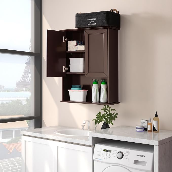VANIRROR Wall Cabinet, 23x29 inch Medicine Cabinet, Over Toilet Storage with Adjustable Shelf, Wooden Expresso Bathroom Cabinet with 2 Doors