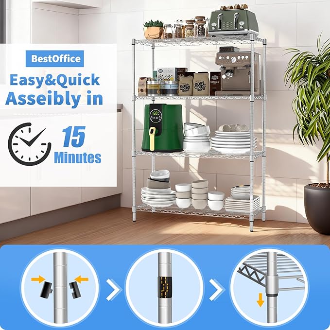 BestOffice | 4-Tier Wire Storage Shelves | 36x14x54 | Chrome | with Adjustable Racks | Heavy-Duty Metal Shelf, Holds Upto 1000 lbs | No-Tool Assembly | Ideal for Home & Garage Shelving