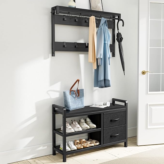 Lulive Hall Tree, 31.5” Entryway Bench with Coat Rack freestanding, 5 in 1 Intelligent Design Shoe Bench and Wall Rack 17 Hooks and Drawers (Black)