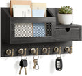 FifthQuarter Key and Mail Holder for Wall, Mail Organizer Wall Mount with 6 Hooks and Storage Drawer, Easy Installation Key Rack for Entryway and Home Decor (B-Black)