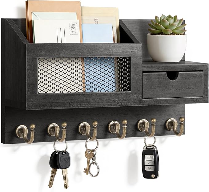 FifthQuarter Key and Mail Holder for Wall, Mail Organizer Wall Mount with 6 Hooks and Storage Drawer, Easy Installation Key Rack for Entryway and Home Decor (B-Black)