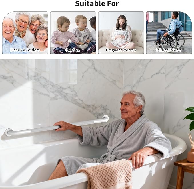 White Grab Bar 40 Inch, iHansee Anti-Slip Bathroom Grab Bar w/Knurled Grip, Stainless Steel Safety Handrail for Toilet Bathtub Shower, Wall Mounted Handicap Bars Handle for Senior Elderly