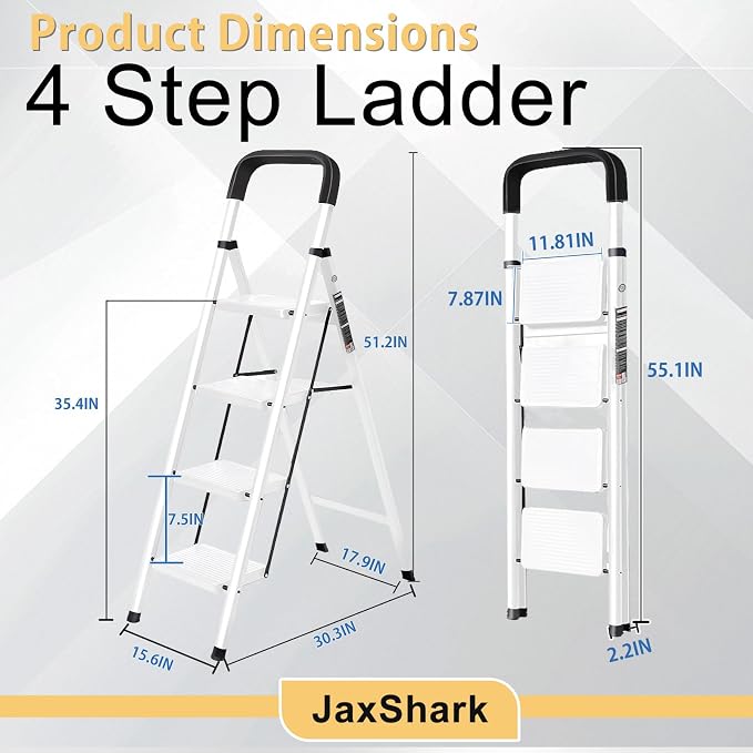4 Step Ladder Folding Step Stool with Handrail 500LBS Capacity Sturdy Carbon Steel Frame Anti-Slip Pedal & Feet Portable for Home Kitchen Garage Bathroom (white-4step)