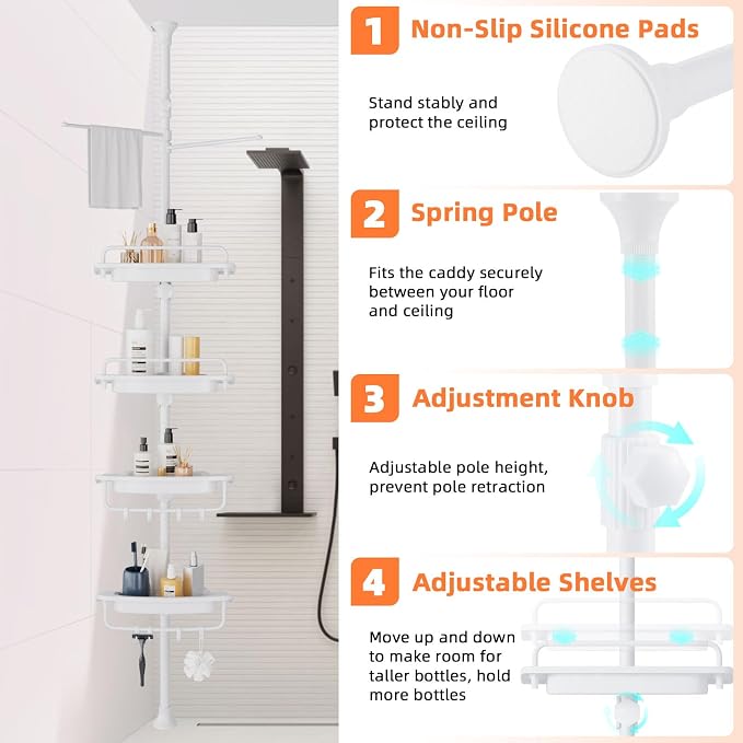 XLHOMO 32-122inch Corner Shower Caddy Tension Pole All White, Rustproof Drill-Free Shower Shelves for Bathroom Bathtub Washbasin, Adjustable Shower Organizer with 4 Tier Patent Shelves & Towel Bars