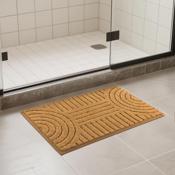 SHACOS Boho Small Bathroom Rugs, 16"x24" Extra Soft Absorbent Microfiber Bath Mats Home Decor Non Slip Carpet Machine Washable Shaggy Bath Rugs for Shower Bathtub Floor, Mustard 1'4" x 2'