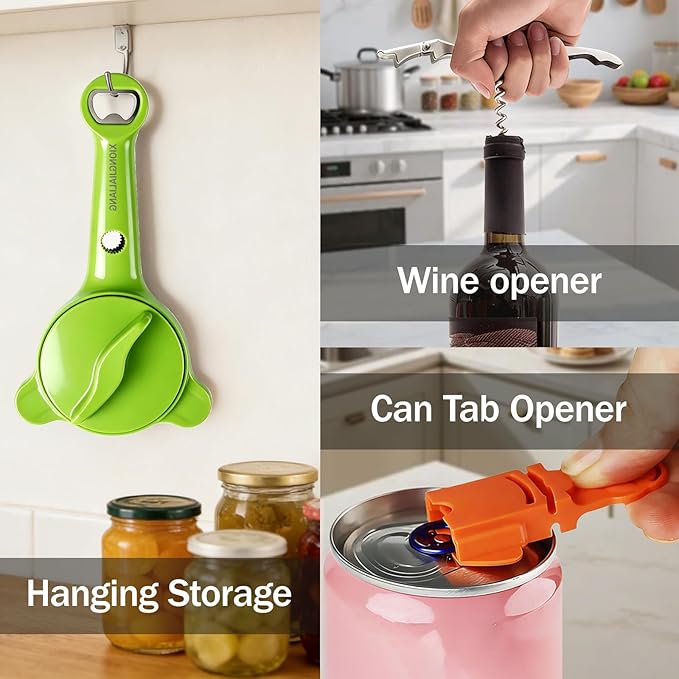 Adjustable Jar Opener for Weak Hands, 4-in-1 Multi-Function Manual Bottle Opener and Corkscrew Set for Seniors with Arthritis, Universal Lid Gripper Kitchen Gadget for All Jar Sizes (green)