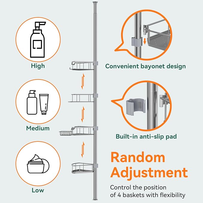 Corner Shower Caddy Tension Pole Rustproof, 4 Tier Adjustable Shower Organizer Tension Pole, 25-125 Inch Bathroom Shower Organizer for Bathtub Shampoo Storage, Silver