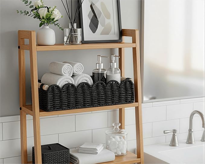 CubesLand Toilet Paper Storage Basket Scalloped Edge Home Decor Basket, Living Room Cozy Decor, Paper Rope Small Baskets for Over Toilet Storage Shelf, End Table, Shelves, with 2 Wooden Handles, Black