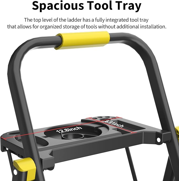 5 Step Foldable Step Ladder with Mutifunctional Tool Tray, Platform Ladders Stepstools, Step Stool 5 Step Folding with Non-Slip Pedals, 800lbs Bearing Capacity for Adults, Home, Kitchen, Black Yellow
