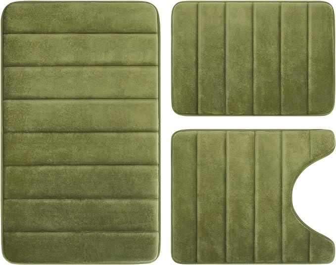 BYSURE Sage Green Memory Foam Bathroom Rug Set 3 Piece, Non Slip Extra Soft Absorbent Machine Washable Toilet Bath Toilet Mat (17"x24"+20"x32"+U Shape 20"x24")