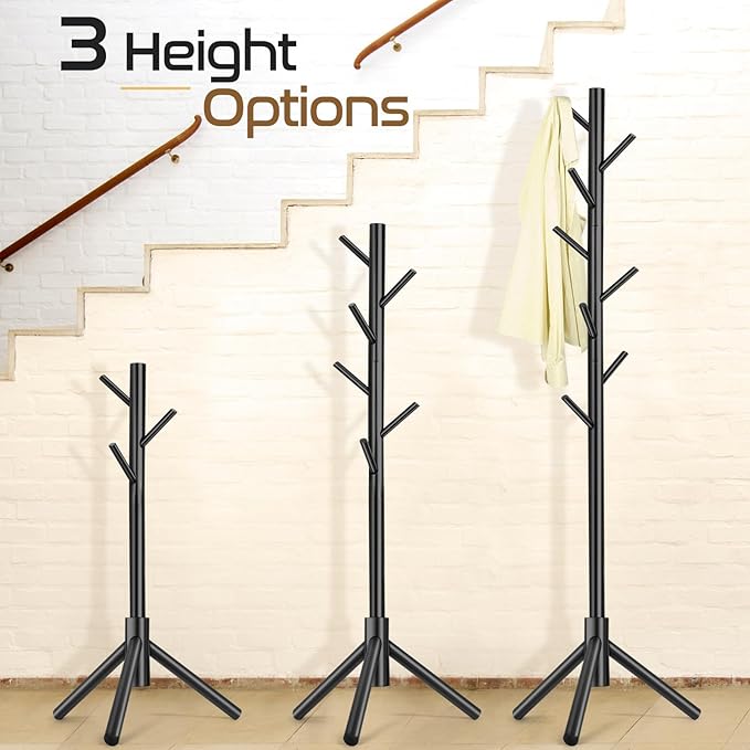 2 PC Wooden Coat Rack Freestanding with 8 Hooks & 3 Adjustable Sizes for Clothes, Space-Saving Design for Bedroom Office Entrance Holds Hats Coats Scarves Bags