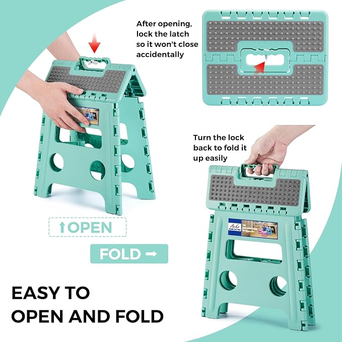 ACKO Folding Step Stool 13 Inch Stool Heavy Duty Plastic Foldable Step Stools for Kids, Stepping Stool with Handle, Suitable for Kitchen Hold Up to 300 LB (Teal 1PC)