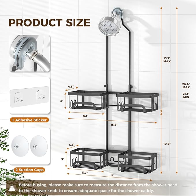REINHARDT Shower Caddy Hanging for Handheld Showerheads Adjustable Split Shower Caddy, Rustproof Shower Organizer with Hooks for Razors Over the Head Caddy with Soap Holder Bathroom Accessories, Black