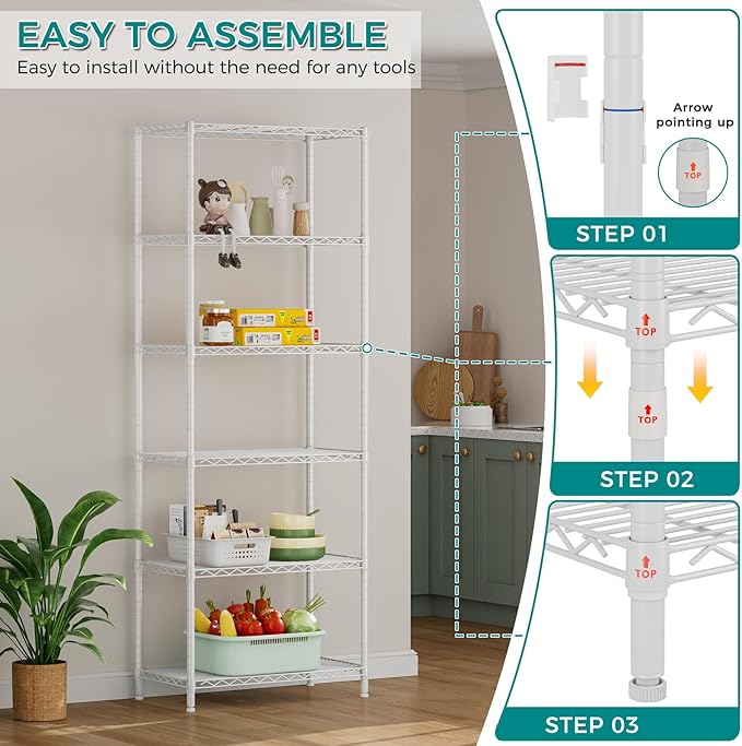 SINGAYE Shelf Wire Shelving Adjustable Storage Shelves Rack Standing Units for Kitchen Closet Laundry Bathroom Organizers Metal Pantry Narrow Mesh Gaps 14" D x 24" W x 72" H White