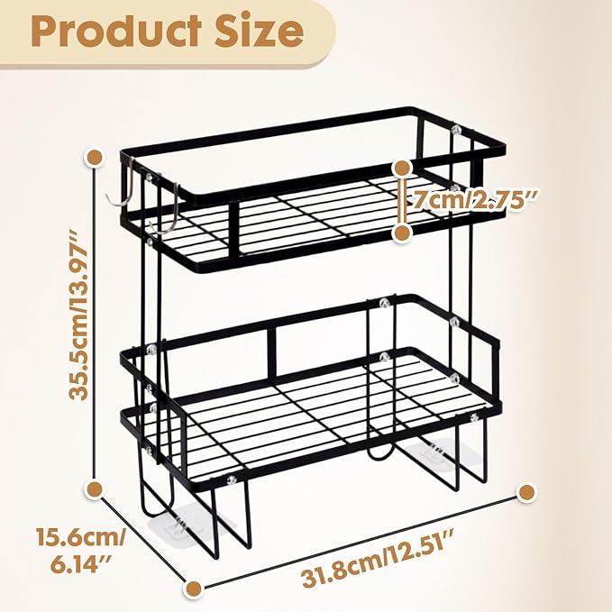 PowerKing Over The Toilet Storage Shelf, 2-Tier Bathroom Organizer Rack with 2 Hooks, No-Drill, Rust-Resistant Steel, Toilet Paper Holder for Restroom Bathroom, Black