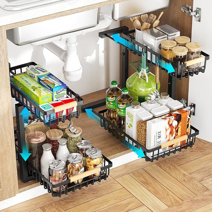 Under Sink Organizer, 2 Tier Metal Under Sink Organizers and Storage, 2 Pack Height Adjustable Slide out Pull out Cabinet Organizer Shelf for Kitchen Bathroom Pantry Cabinet