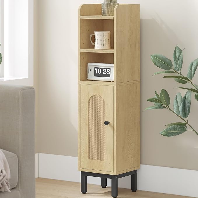 Hzuaneri Bathroom Storage Cabinet, Small Corner Floor Cabinet with Door and Shelves, Narrow Toilet Paper Holder, Bathroom Organizer with Adjustable Shelf, for Small Spaces, Rattan Yellow BC08202Y