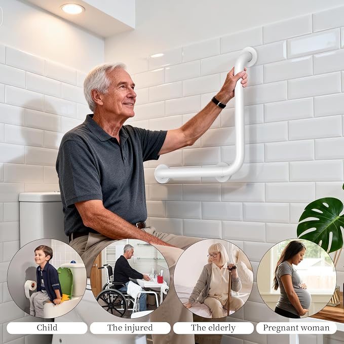 Angled Grab Bar 16x16 Inch White, L-Shaped Shower Grab Bar w/16 Inch Straight Bathtub Toilet Safety Handrail Wall Mounted, Stainless Steel Balance Support Bar for Seniors Elderly Injury Handicap