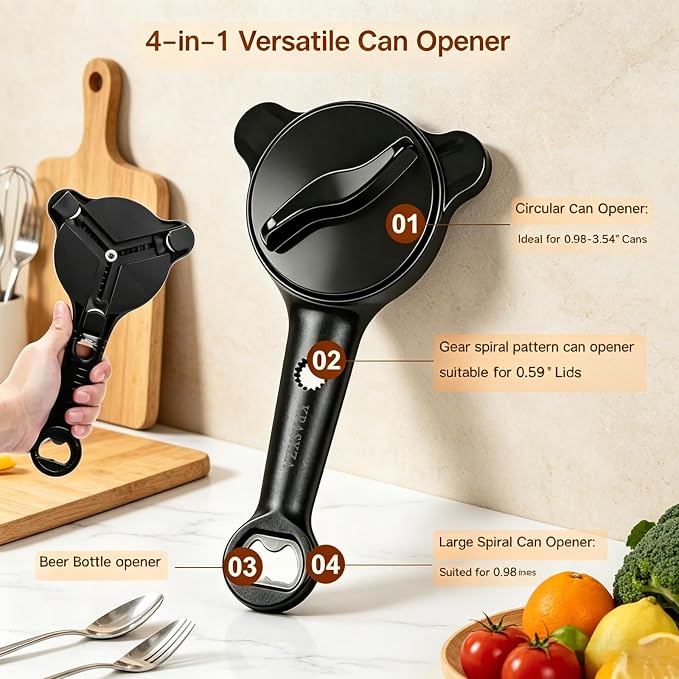 Jar Opener for Weak Hands,4 in 1 Multi-Purpose Jar Openers,Adjustable Jar Opener,Multi-Functional Bottle Openers with Non-Slip Grip for Wine Bottle,Perfect for Arthritis and Weak Hands (Black)
