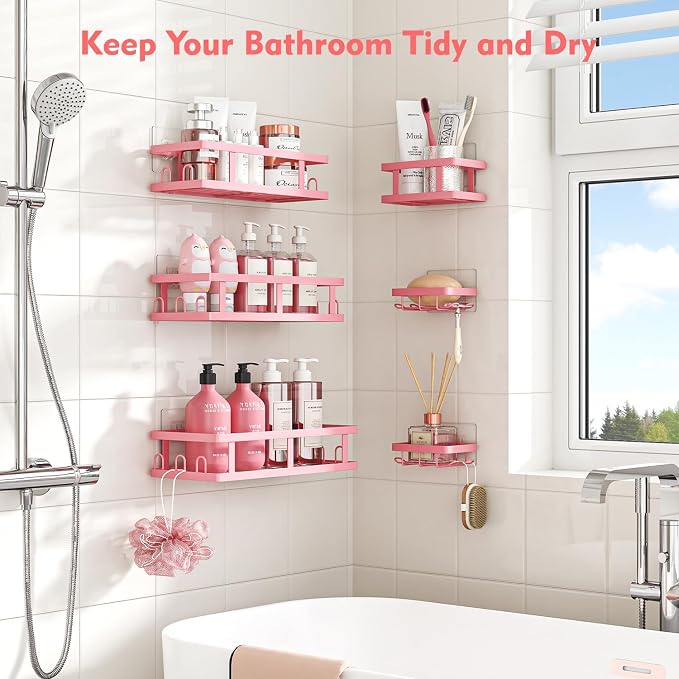 Youvip 6 Pack Shower Caddy, Adhesive Shower Shelves with Soap Holder, No Drilling Rustproof Large Capacity pink bathroom decor accessories, Pink