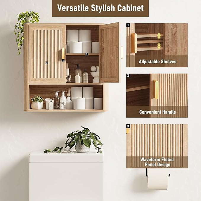 INNOD Bathroom Wall Storage Cabinet, Medicine Cabinet with Adjustable Wood Shelf & Doors, Over the Toilet Storage Cabinet for Laundry Room & Living Room Kitchen Storage Islands (Natural Oak)