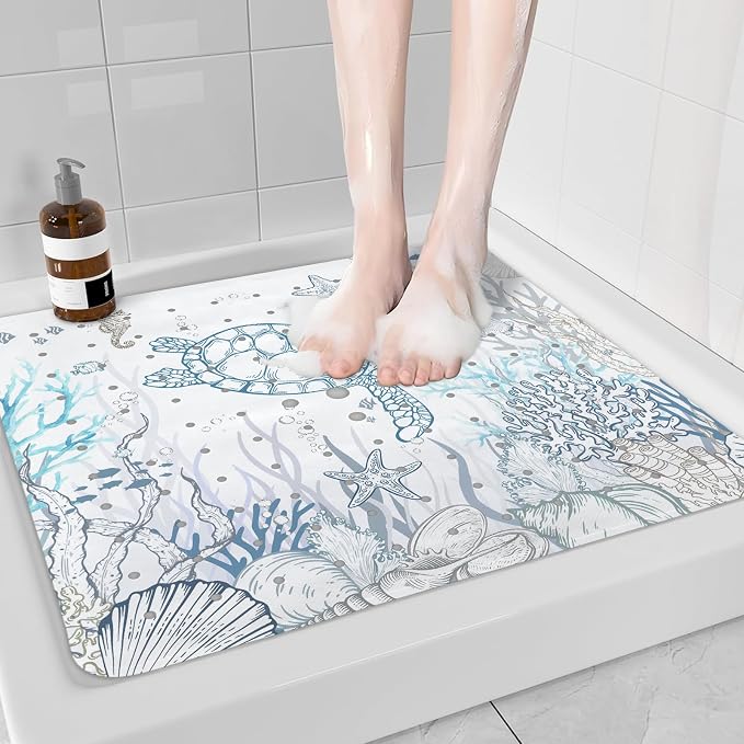 Sea Turtle Square Anti Slip Shower Mats for Inside Shower Accessories, Cute Bath Mats for Bathroom Non Slip Shower Floor Mat Decor Rubber Bathmat With Suction and Drain Holes Machine Washable, 21″X21″