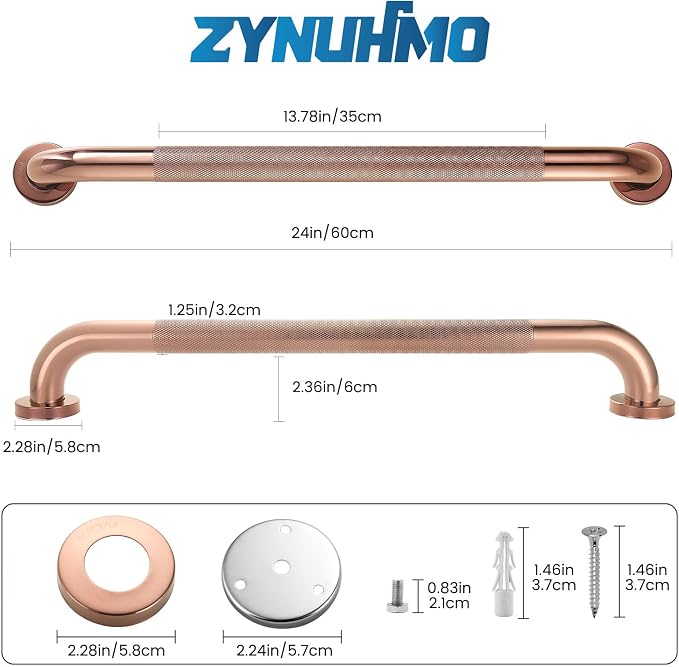 Grab Bars for Shower, Zynuhmo 2 Pack 24 Inch Anti Slip Safety Grab Bar 1.25" Diameter Stainless Steel Shower Handrails for Handicap Injury Pregnant Senior Assist Bath Shower Handles(Rose Gold)