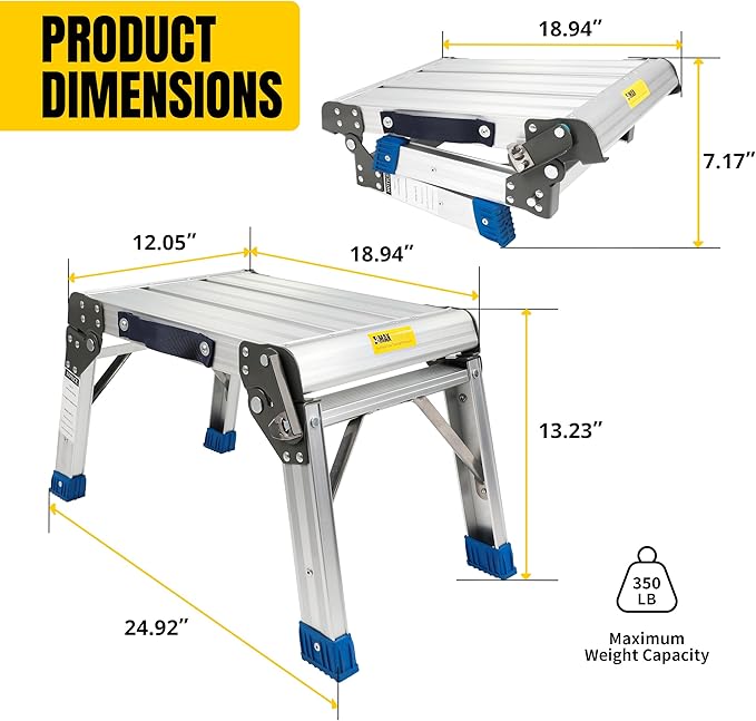 MaxWorks Folding Aluminum Work Platform and Step Stool 350 lb Capacity Lightweight Portable Step with Carry Handle for Garage Home and Jobsite Use (80773)
