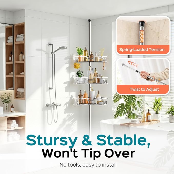 HAMITOR L-Shaped Corner Shower Shelves: 4-Tier Tension Pole Bathroom Caddy - No Drilling Rustproof Metal Bathtub Organizer - Standing Adjustable Apartment Essentials Rack for Renters 47-123 Inch